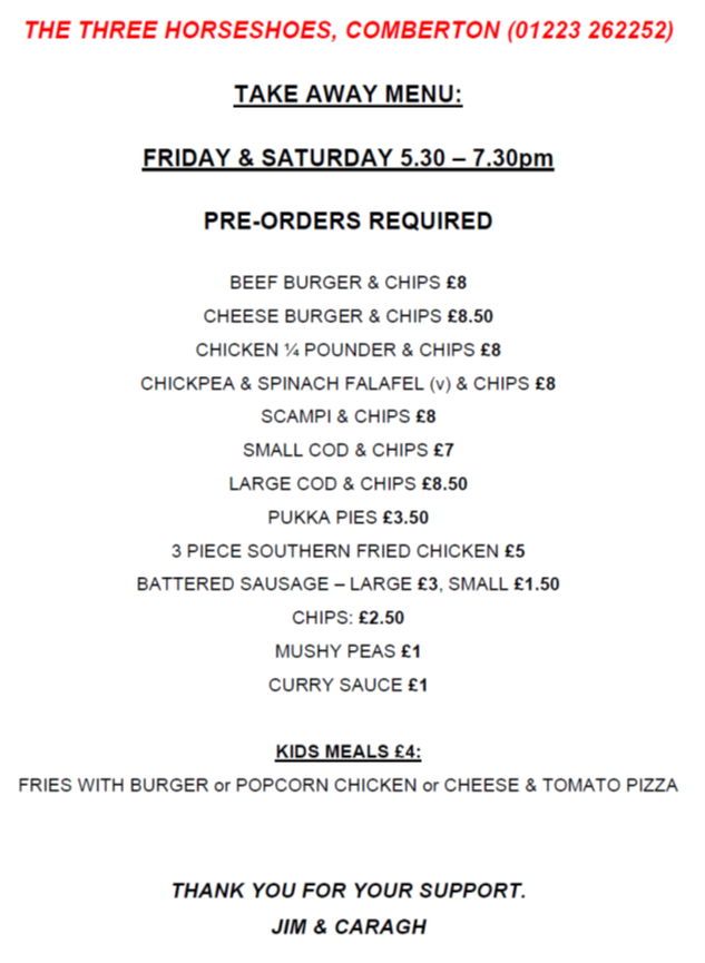 Three Horseshoes menu in lock down 2